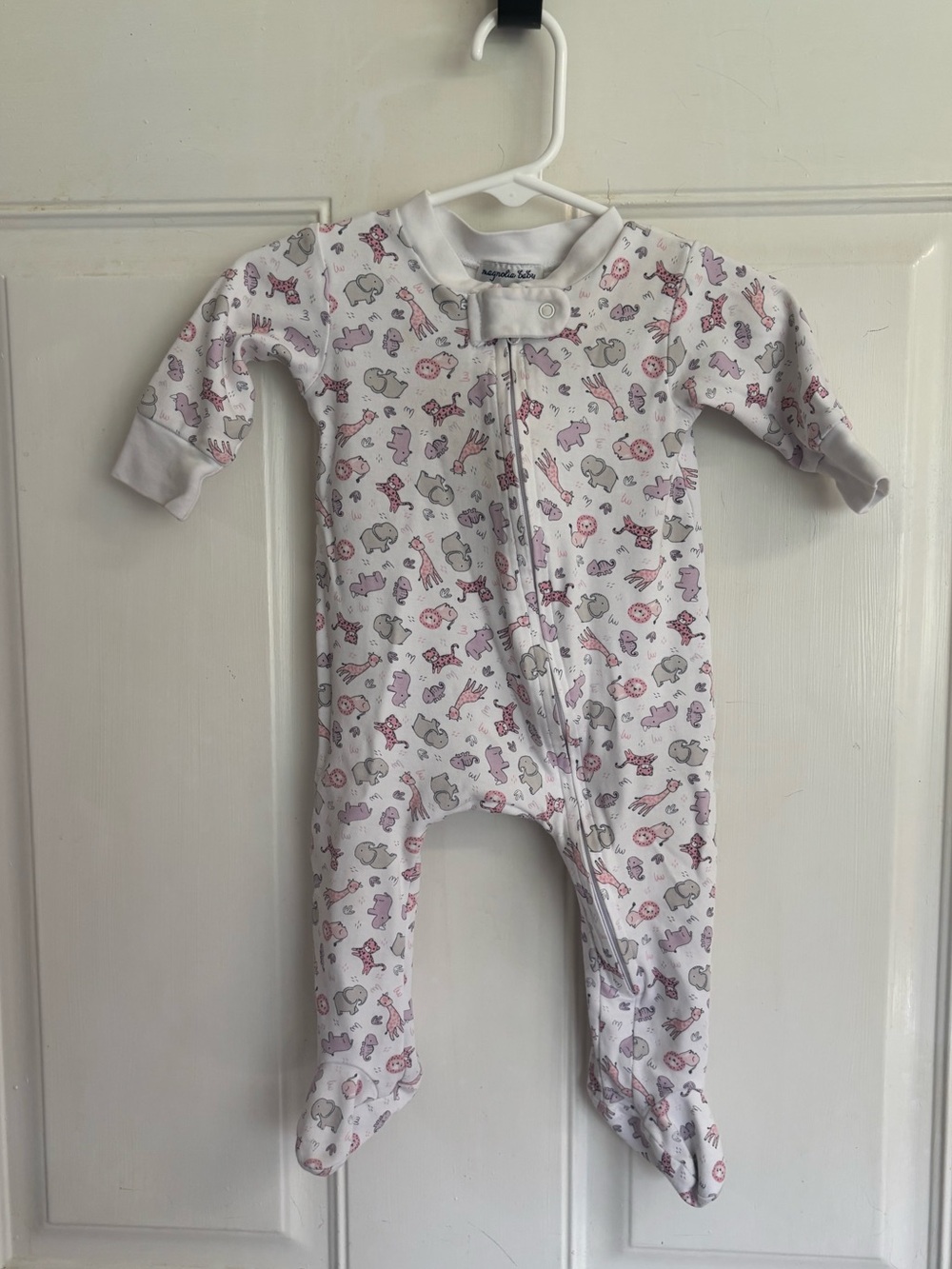 6m Little Magnolia Baby Pink/Purple/Gray Safari Printed Zip Footie.  In EUC!